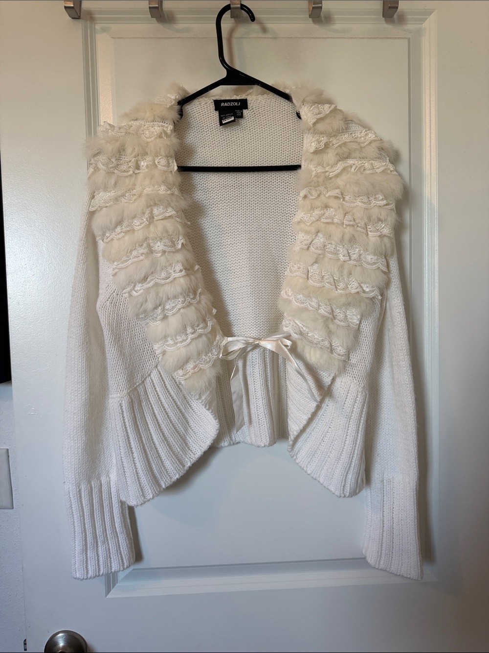 Radzoli Cream Ruffle-Trim Knit Cardigan with Satin Tie